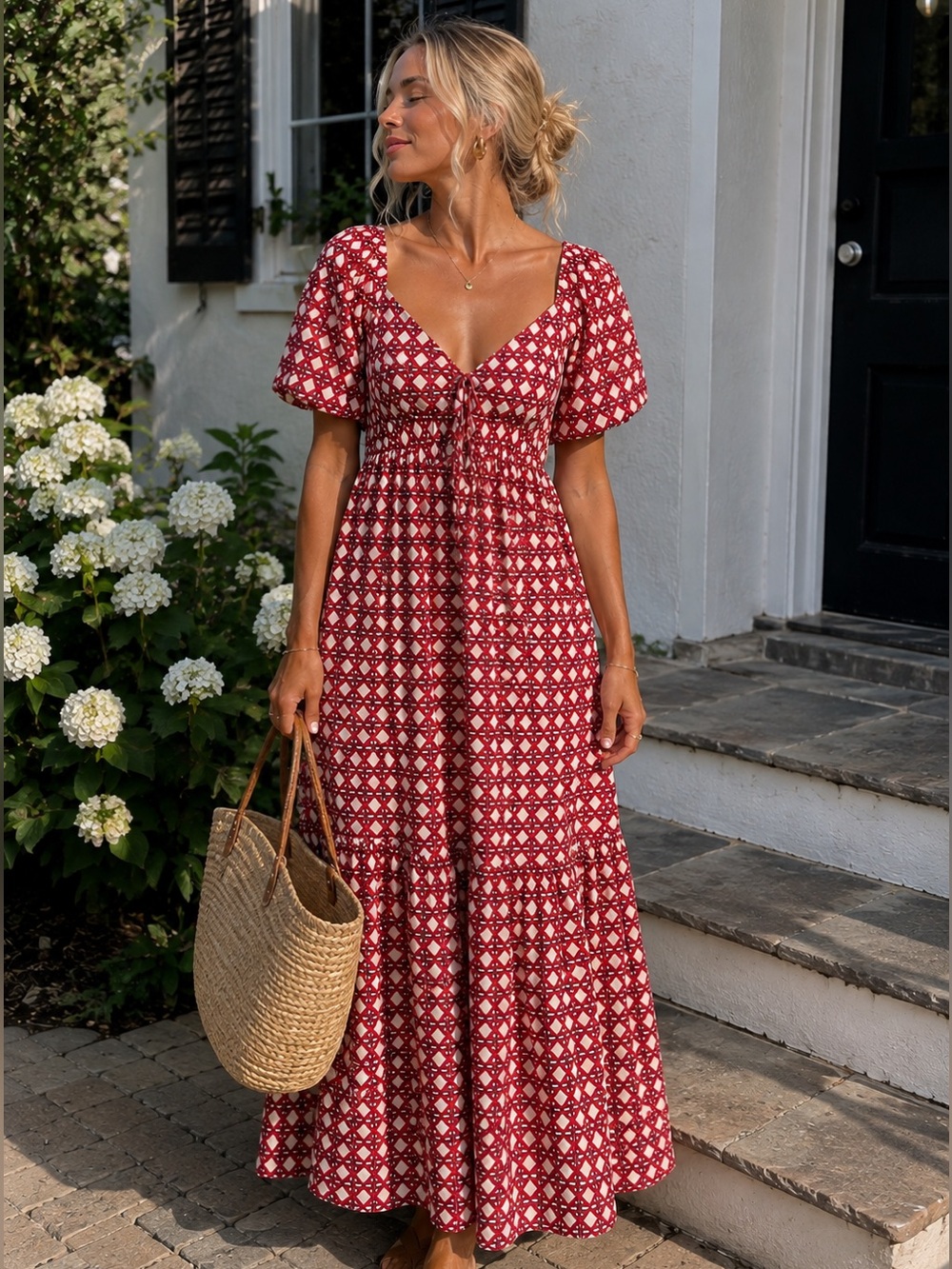 A Loves A Red Ivory Geometric Cotton Puff Sleeve Tiered Maxi Dress S Cottagecore